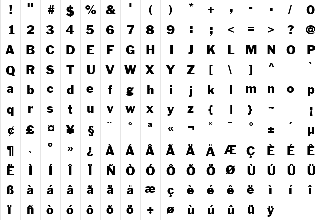 JackRoman Regular  glyph index