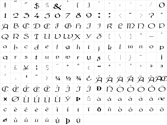 Metal Regular  glyph index