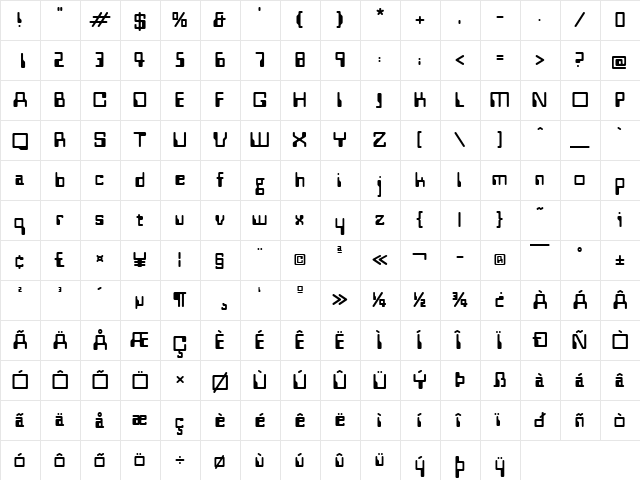 Westminster Regular  glyph index