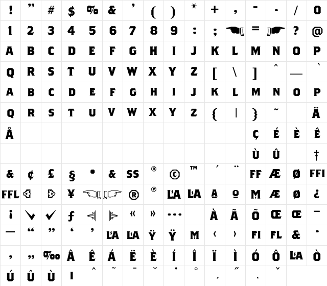 Brothers Regular  glyph index