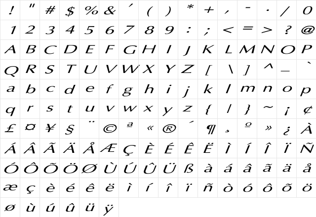 Optima Italic Ex Italic Italic  glyph index