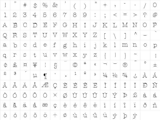KeyboardLightSSK Regular  glyph index
