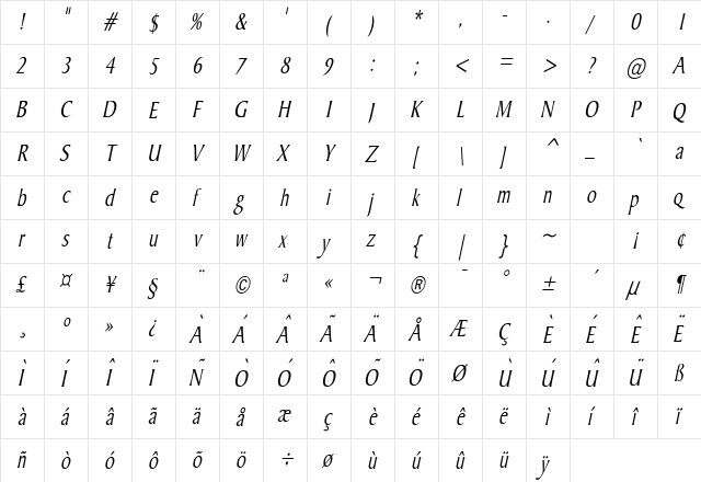 Barrett Thin Italic  glyph index