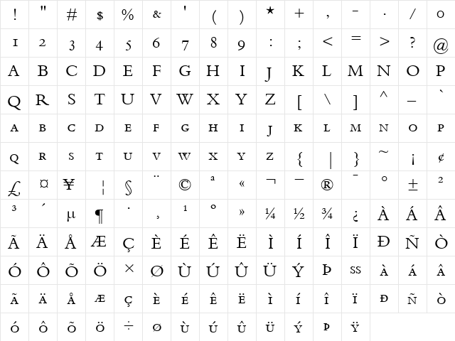 BemboSmallCaps&OldstyleFigures Roman  glyph index