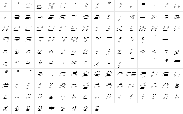 VentureOutlineOblique Regular  glyph index