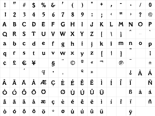 VeracruzRandom Bold  glyph index