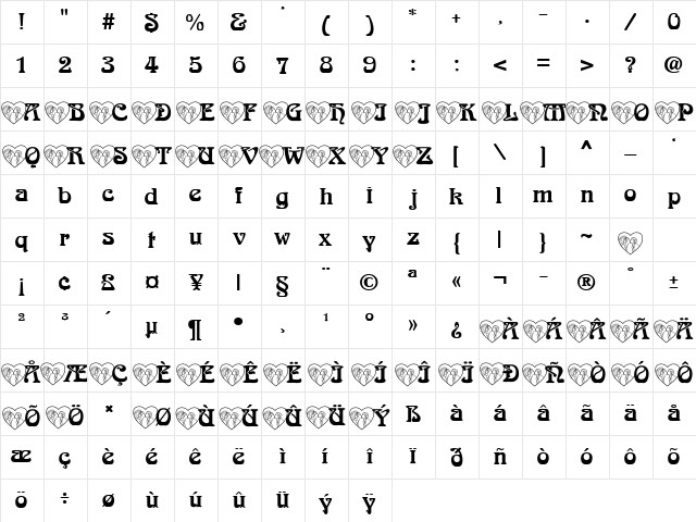 WeddingWhite Becker Normal  glyph index
