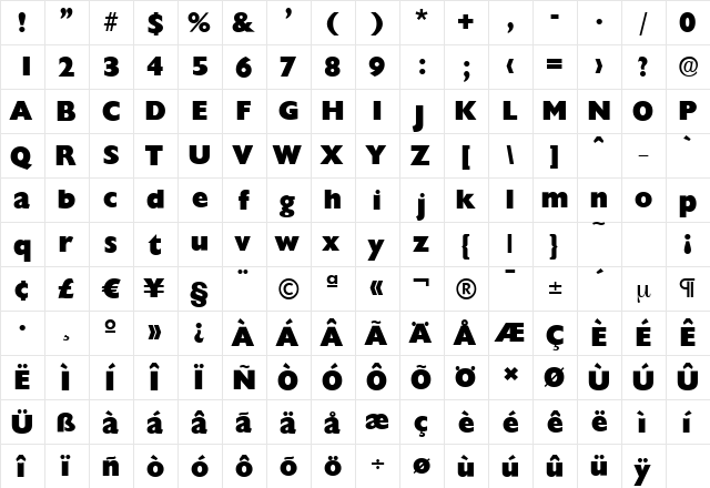 ChantillySerial-Heavy Regular  glyph index