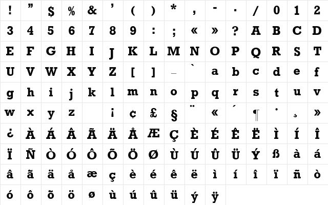 Rockwell-Bold Regular  glyph index