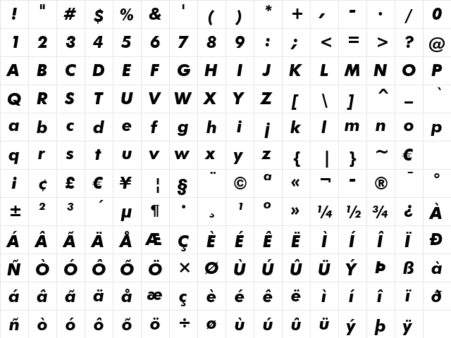 Futura Md BT Bold Italic  glyph index