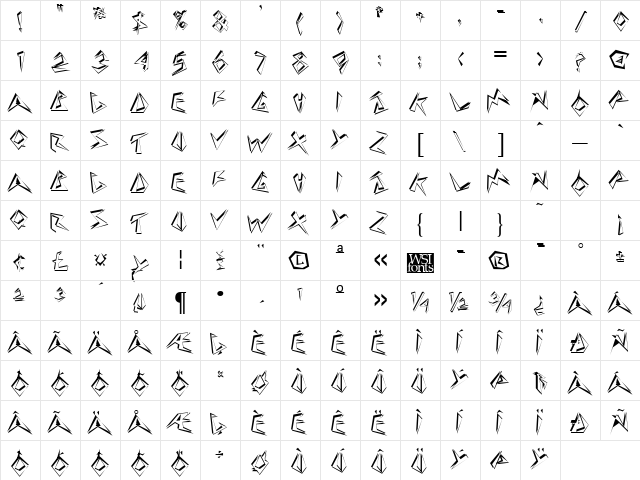 StingerShadow Regular  glyph index