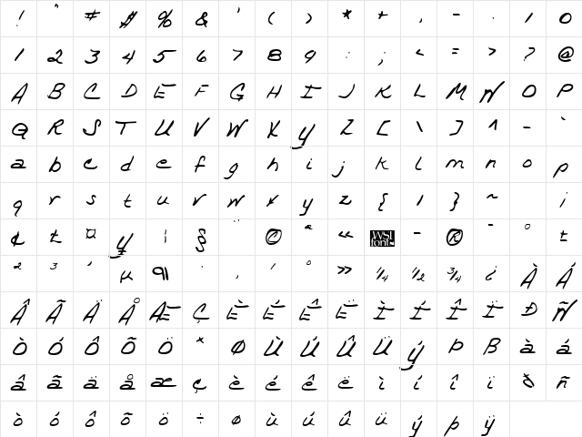 TrixiesHand Regular  glyph index