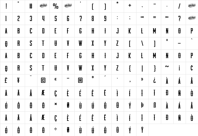 Pineforest Display Regular  glyph index