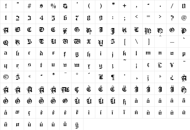 KingsCross Regular  glyph index