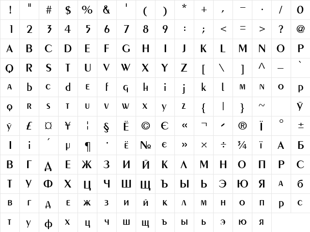 PentaDemi Normal  glyph index