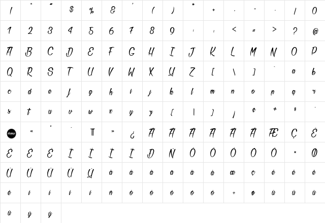 Bichette Regular  glyph index