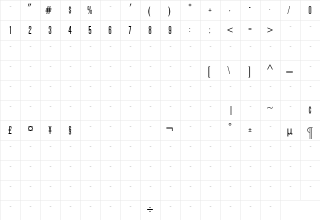 BlockGothicLightExtraCondTab Roman  glyph index