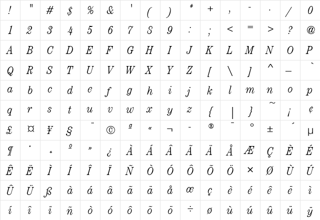 CenturyCdITC Light Italic  glyph index