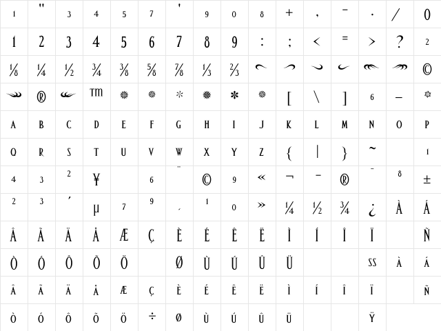 AltarFractions Regular  glyph index