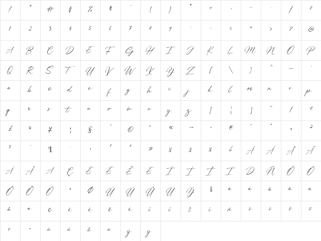 Billie Bonnie Regular  glyph index