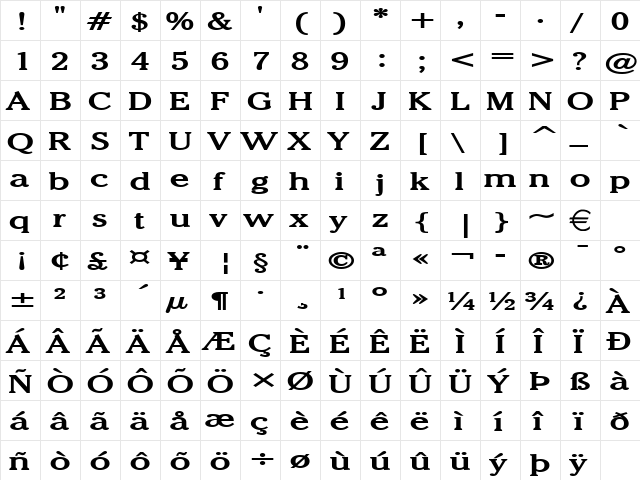 ChelseyExtended Bold  glyph index