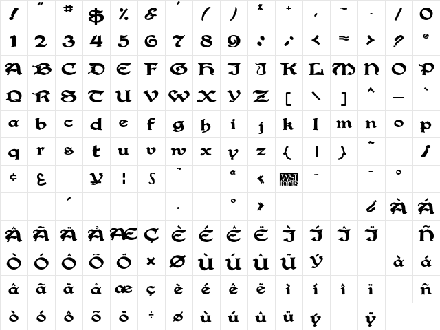 Gregorian Bold  glyph index