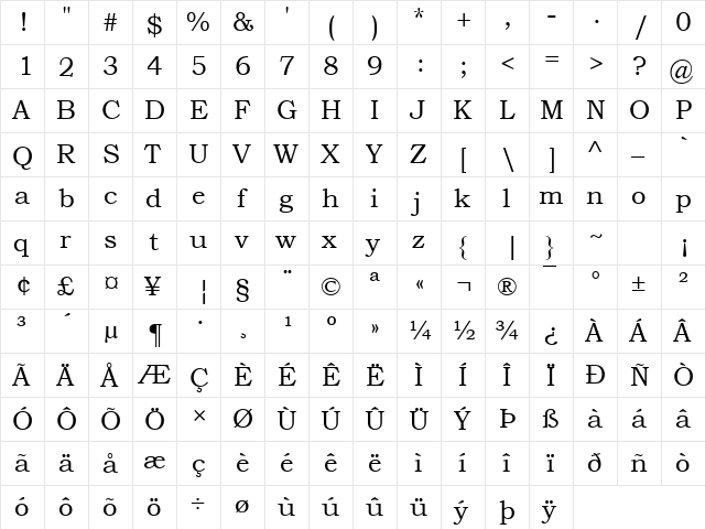 GE Booker Regular  glyph index