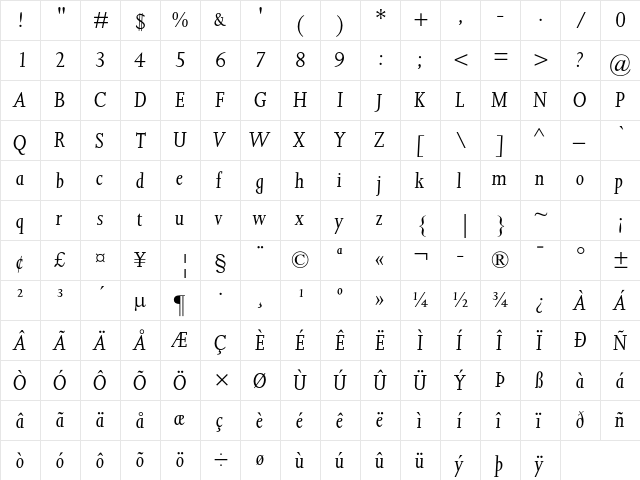 Joanna MT Pro Italic  glyph index