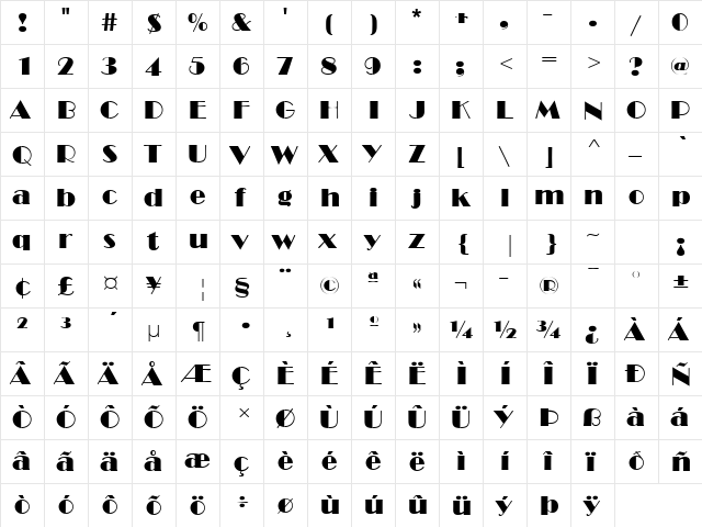 BroadwayD Regular  glyph index