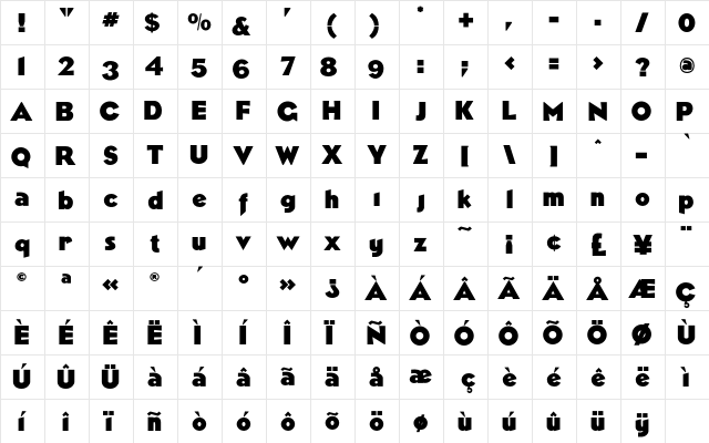 Nova Bold  glyph index