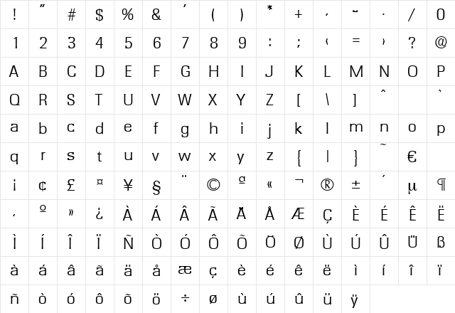 Rochester-Light Regular  glyph index