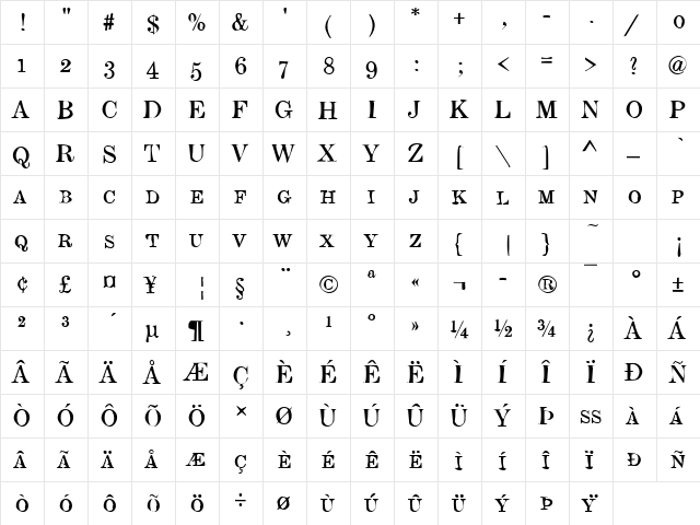Dirty32 Becker Regular  glyph index