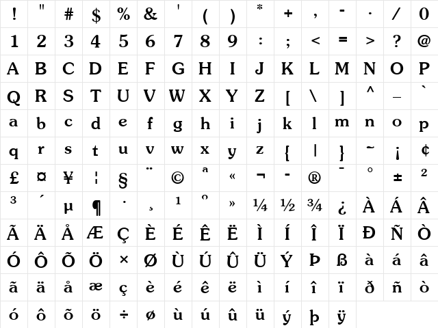 Souvenir LT Medium Regular  glyph index