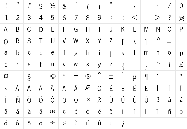 News Gothic BQ Regular  glyph index