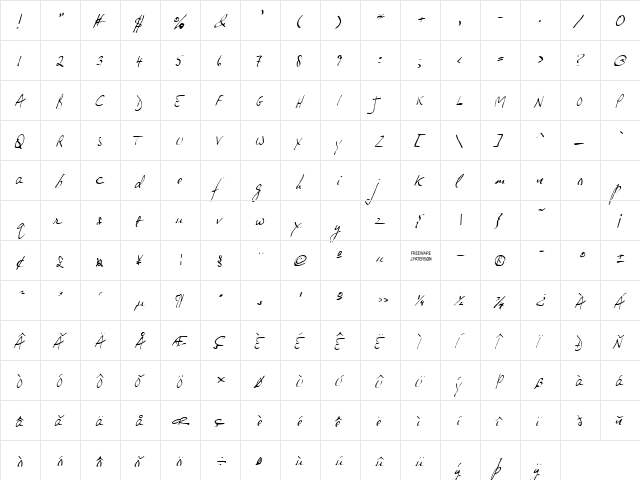 JP Hand Slanted  glyph index