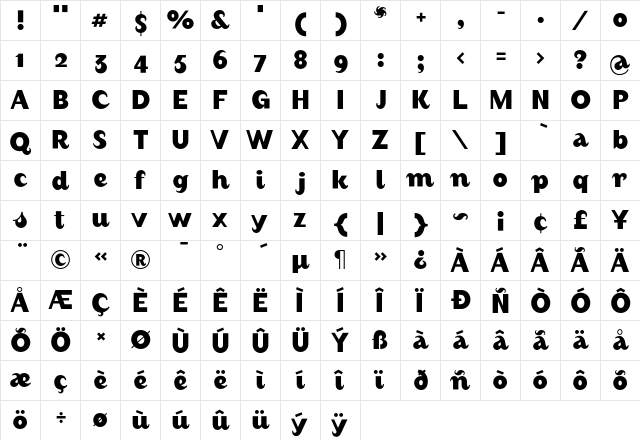 August BoldAlternate  glyph index
