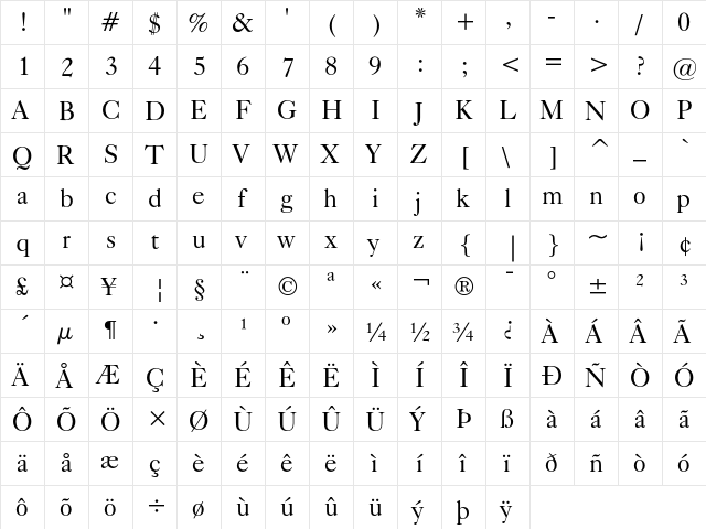 Caslon 540 Regular  glyph index