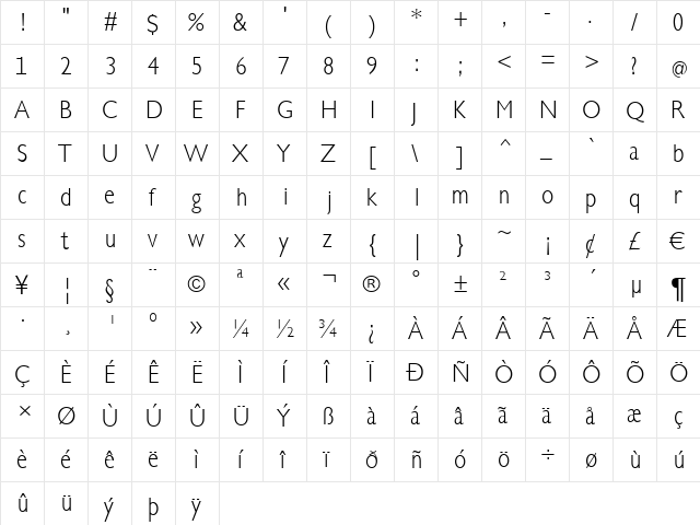 Klill-LightTallX Regular  glyph index