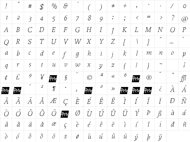 Proforma UltraLightItalic  glyph index
