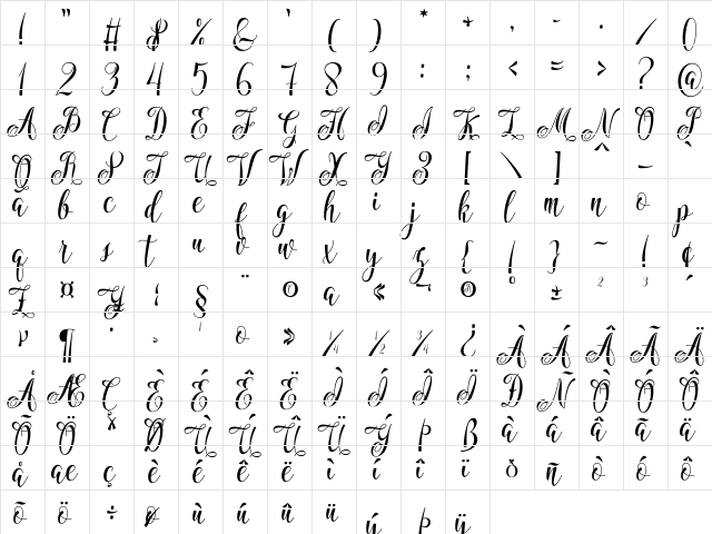 Marshanda Regular  glyph index