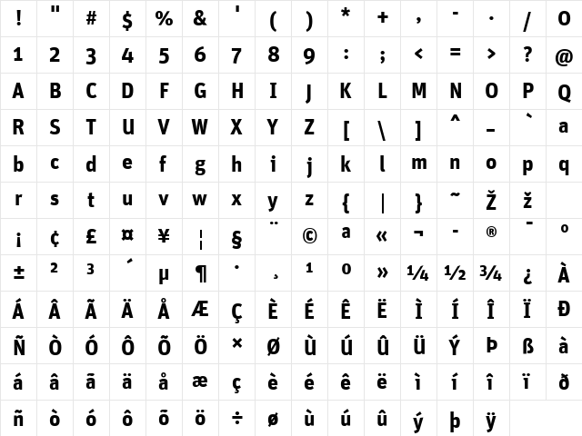 Unit-Bold Regular  glyph index