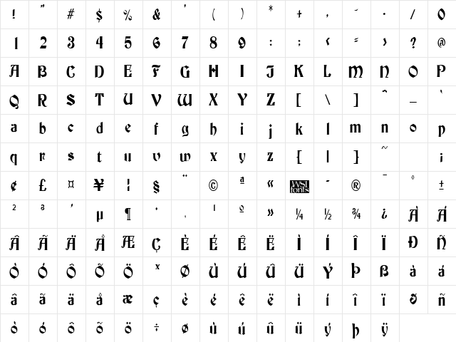 BuckinghamCondensed Regular  glyph index