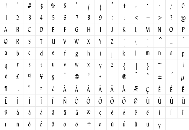 Lynda Thin Normal  glyph index