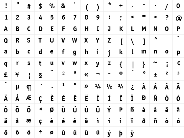 ITCOfficinaSans LT Book Bold  glyph index