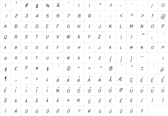 Chisel Thin Italic  glyph index
