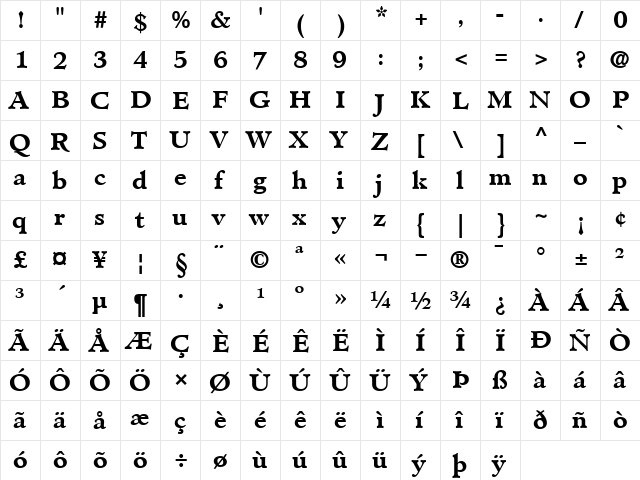 Minister Bold  glyph index