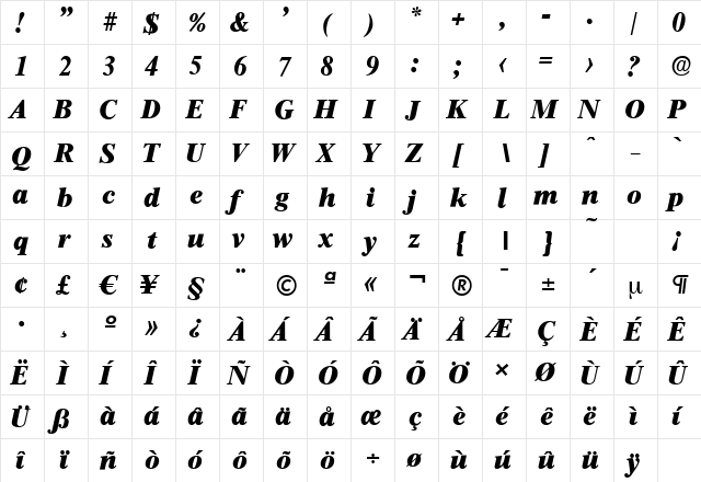 ThamesSerial-Heavy Italic  glyph index