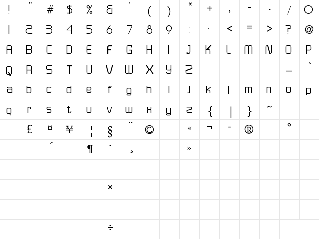 Versaniah_Bold Regular  glyph index
