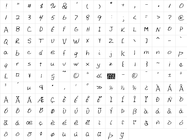 AllensHand Regular  glyph index