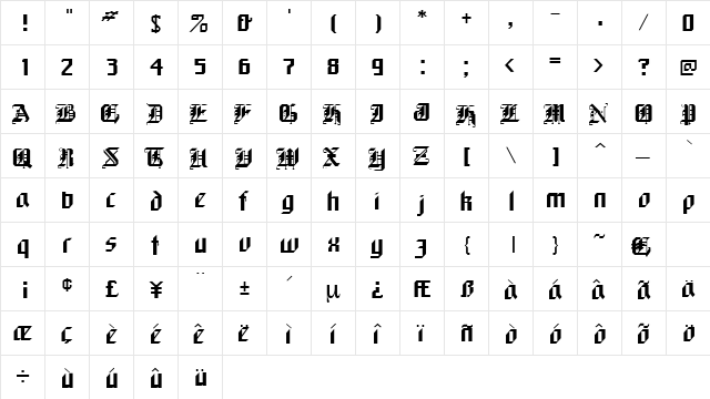 Kolumbus Regular  glyph index